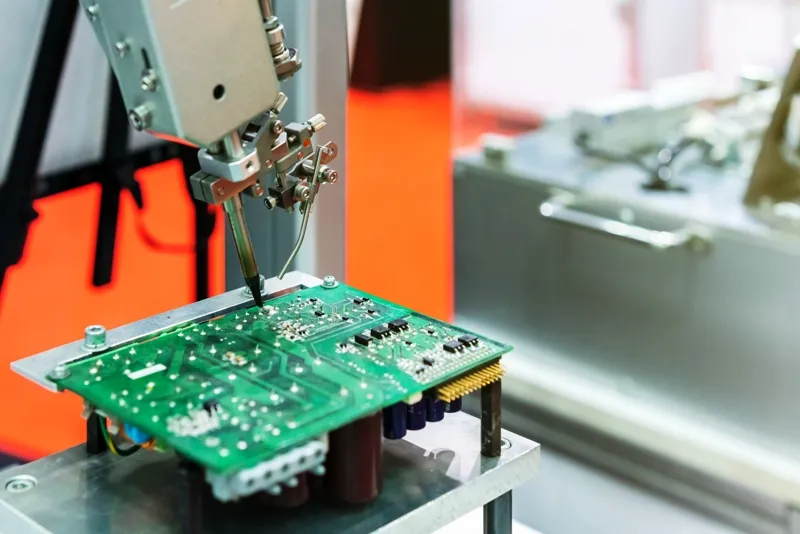 A view of various equipment used in PCB assembly, including soldering machine.