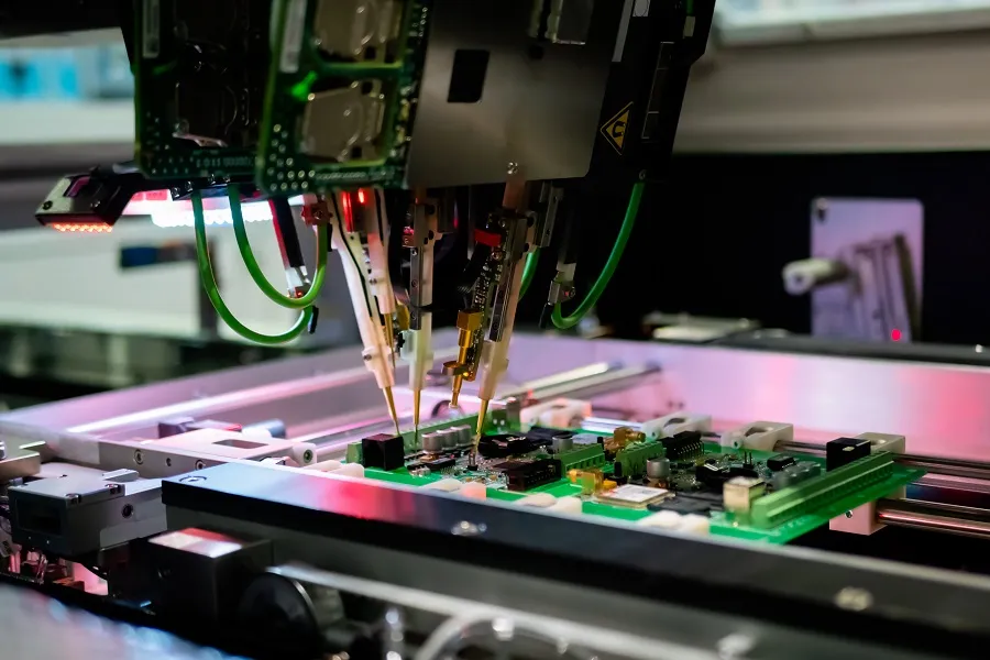 A machine testing a PCB during the quality control process.