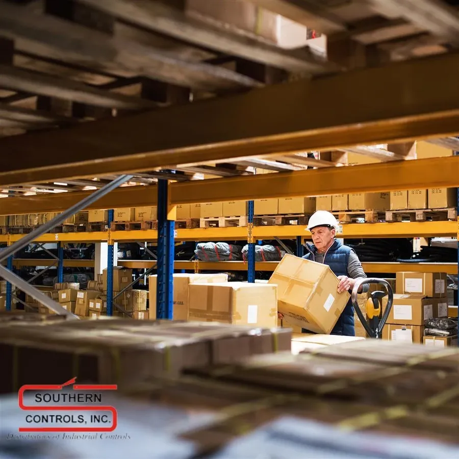 A warehouse with shelves full of electronic components ready for distribution.