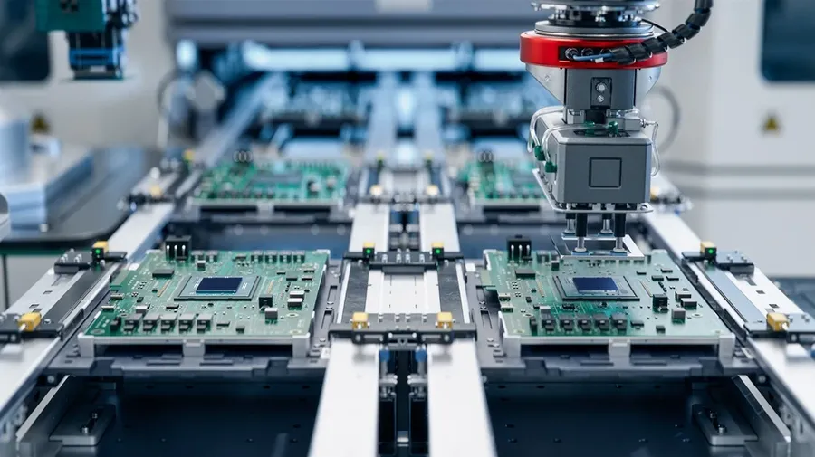A view inside a PCB factory with various machines and workers.