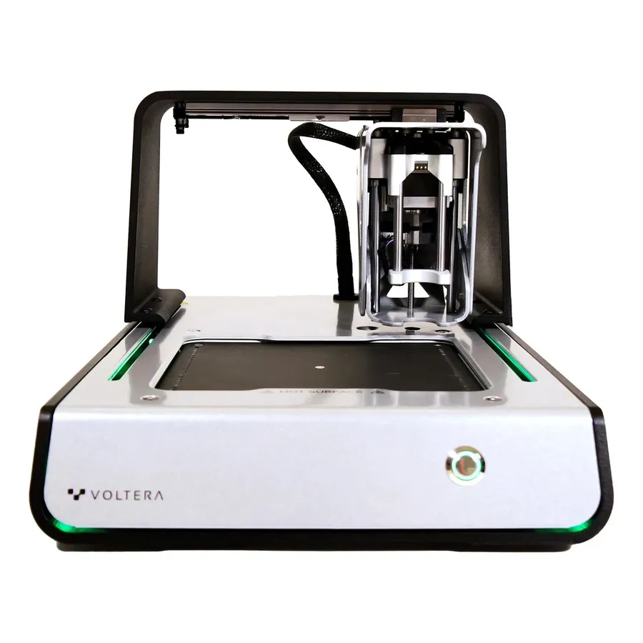Close-up view of the Voltera V-One printing a PCB.