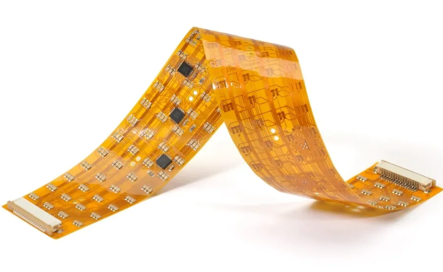 A close up shot of a flexible printed circuit board, showcasing its bendability.