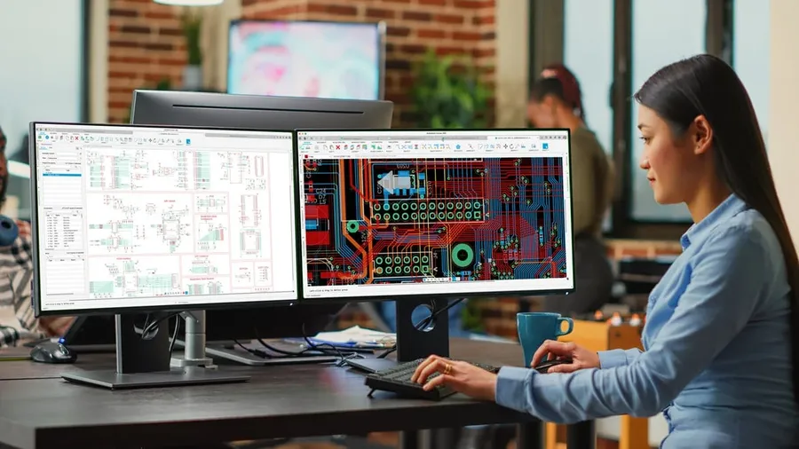 An engineer working on a PCB design at a computer workstation.