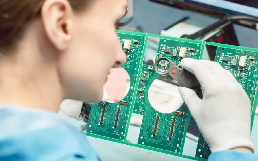 A worker inspecting circuit boards for quality control.