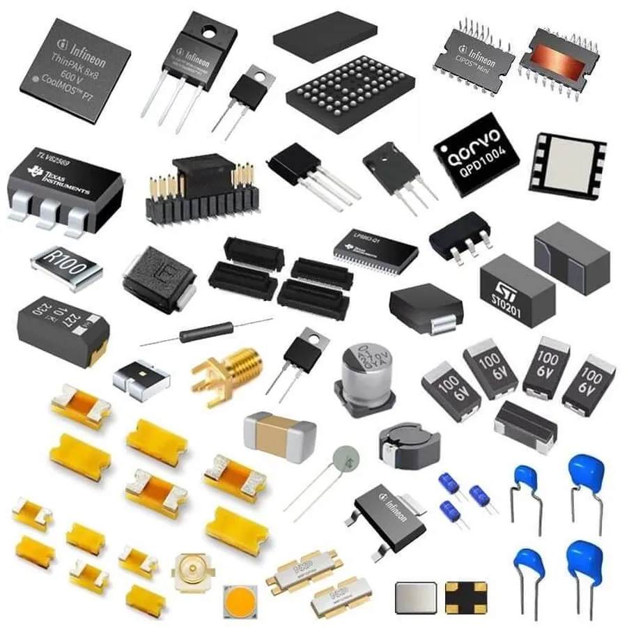 Various electronic components placed on a circuit board.