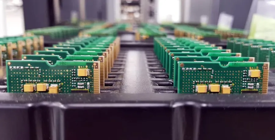Close-up of a production line for printed circuit boards.