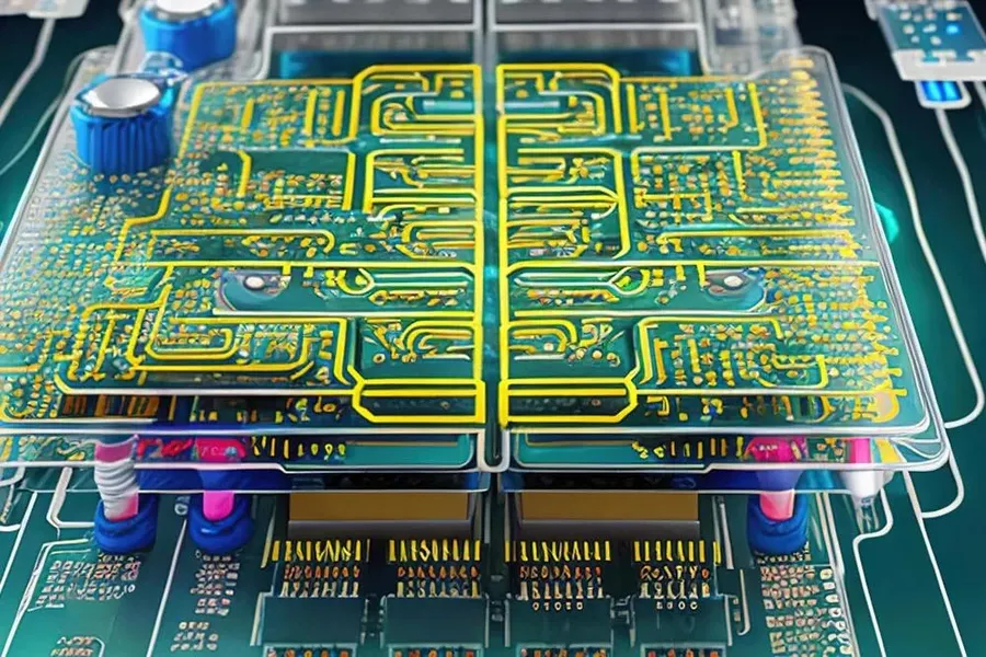 A close-up of a multilayer printed circuit board.