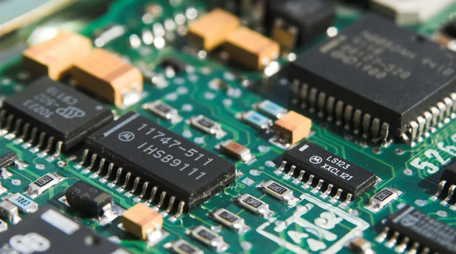 A worker assembling components onto a PCB board.
