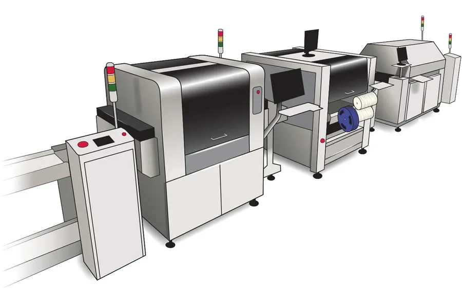 An automated PCB assembly line with various machinery.