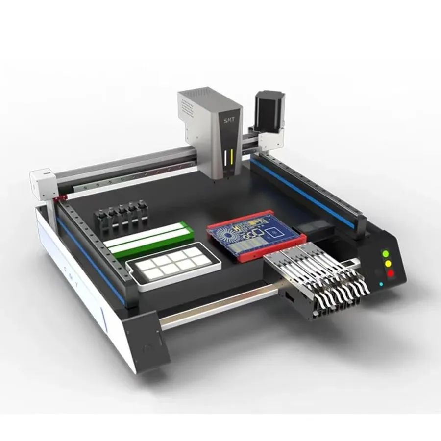 An SMT pick and place machine placing components.
