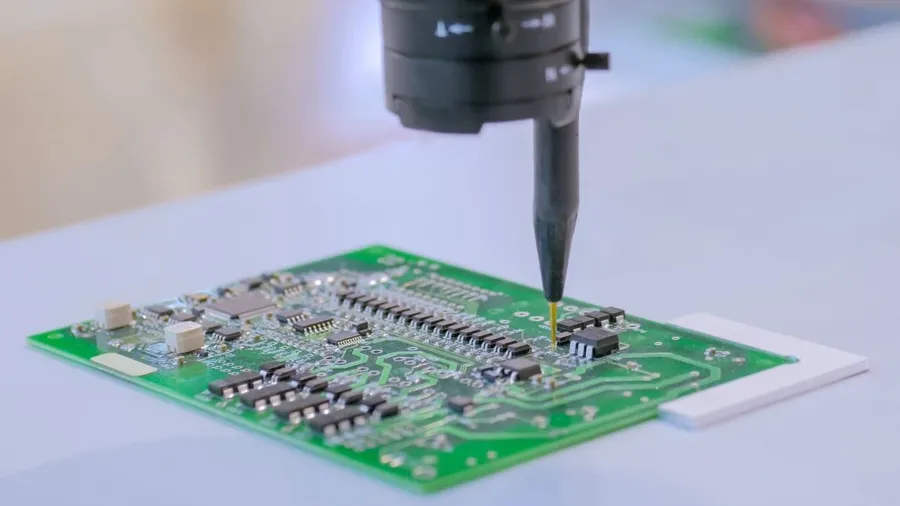 Surface mount components being placed on a PCB board by an SMT machine.
