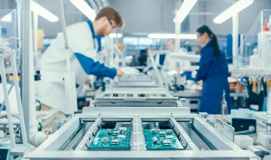 A photograph of a PCB manufacturing facility with various machines.