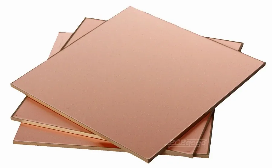 Sheets of copper clad laminate used for PCB manufacturing.