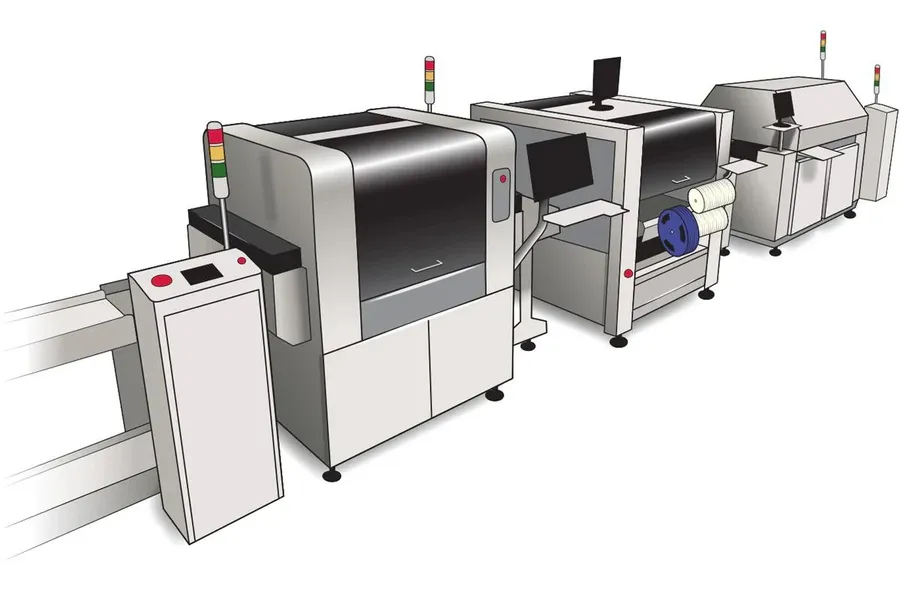 A PCB being processed by manufacturing equipment.