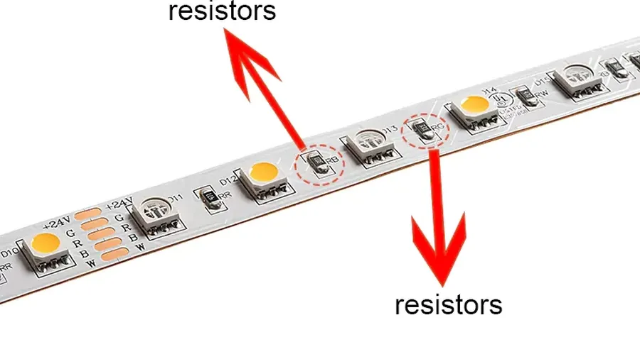 An LED strip with surface mounted resistors