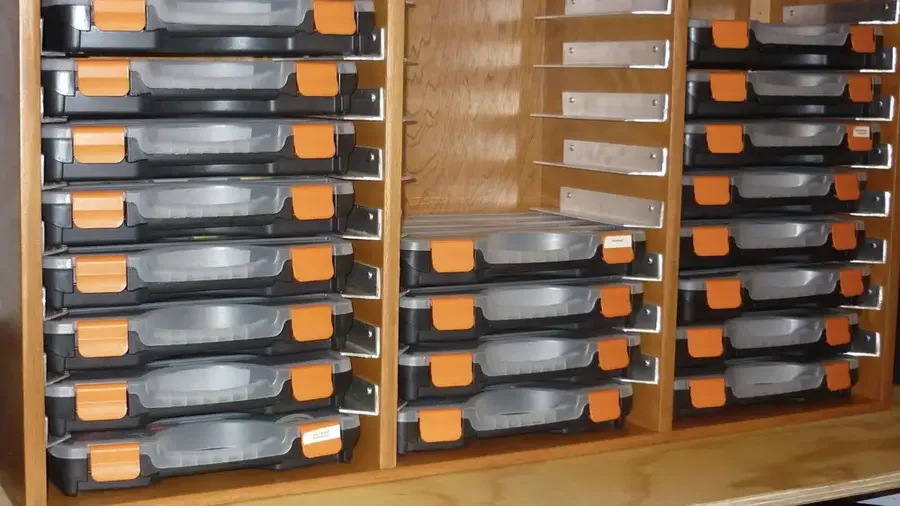 A close-up shot inside a specialty store with shelves of electronic parts.