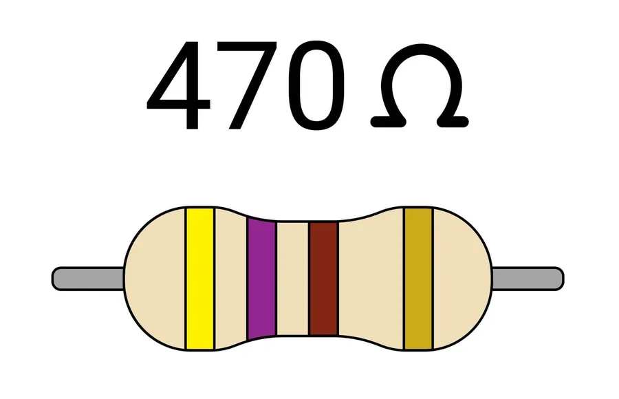 A 470 ohm resistor with its color bands visible.