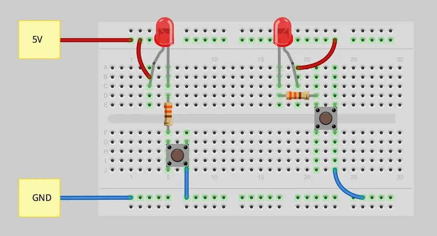 A breadboard with various electronic components and jumper wires connected.