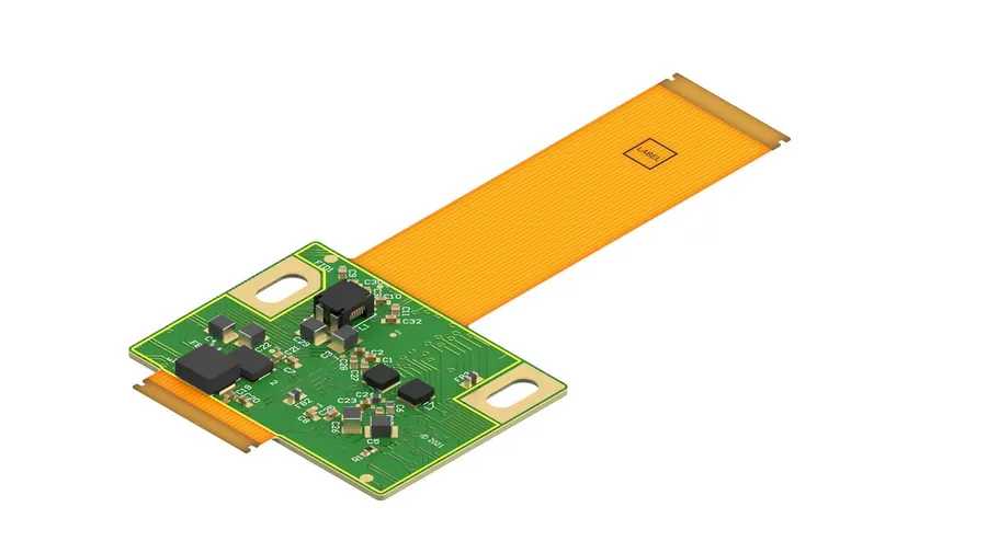 A flexible printed circuit board bent to showcase its flexibility.