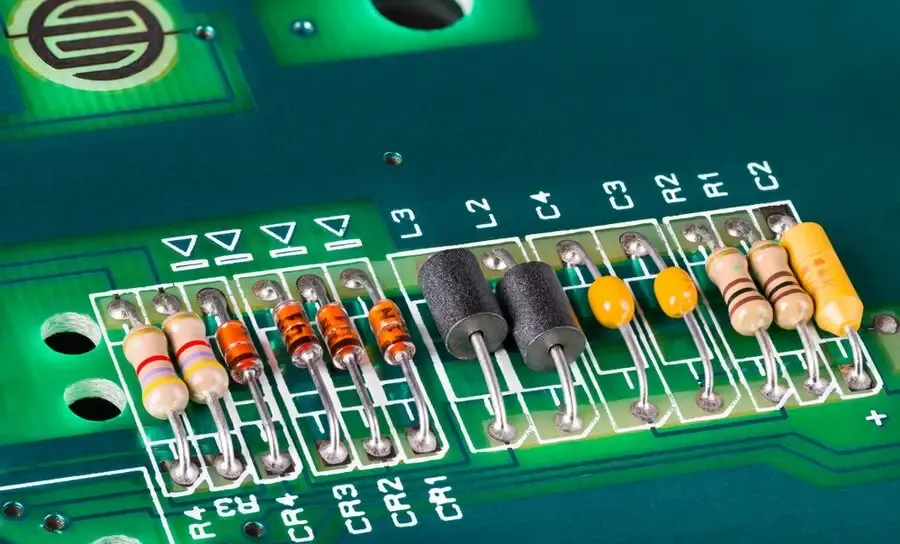 A printed circuit board with various resistors soldered onto it.