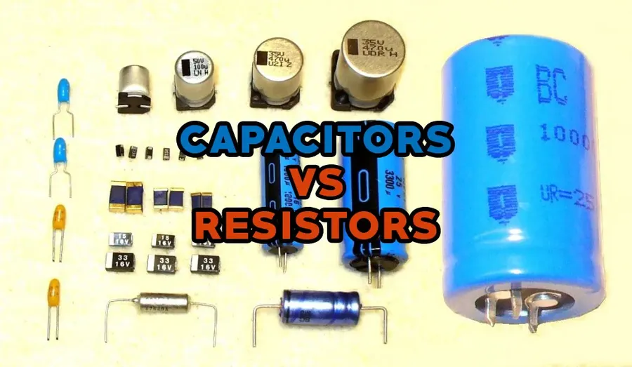 Side-by-side comparison of a resistor and a capacitor.