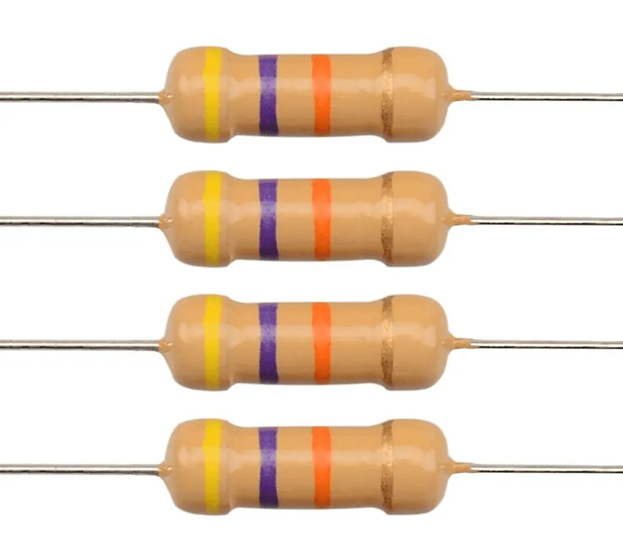 A 47 ohm resistor soldered on a circuit board.
