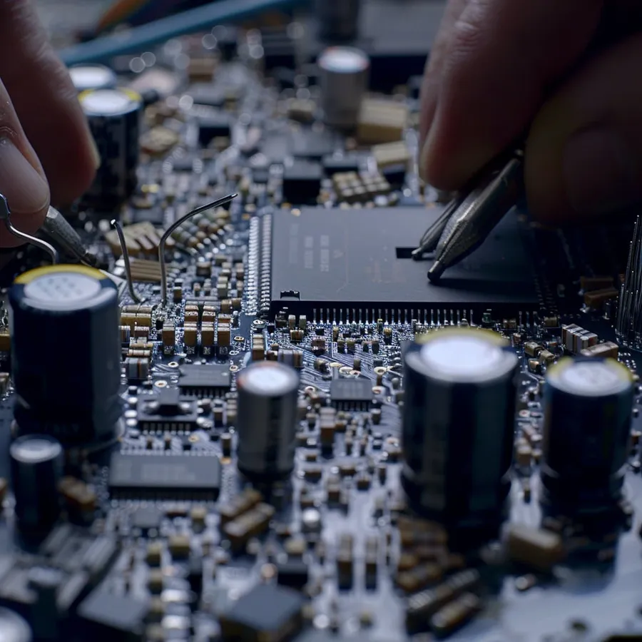 Hands replacing a capacitor on a motherboard using soldering equipment.