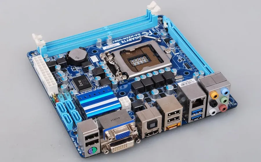A motherboard with integrated circuits visible.