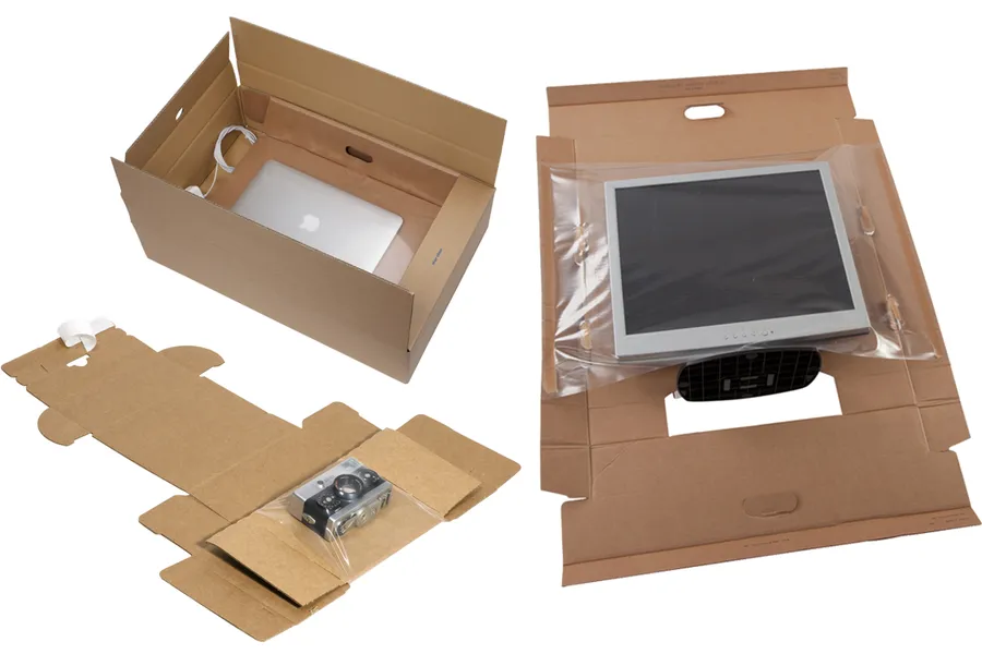 Electronic components being packaged for shipping, focusing on secure packing.