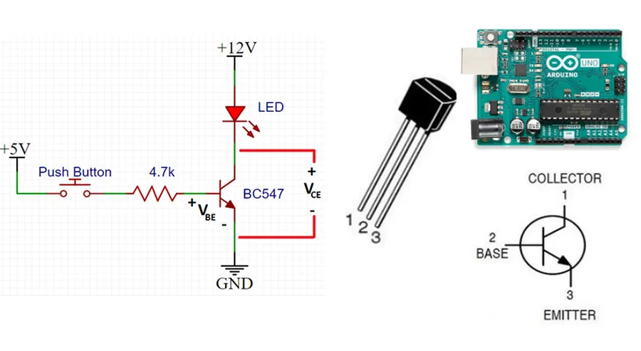 A diagram showing the pin configuration of a BC547 transistor.