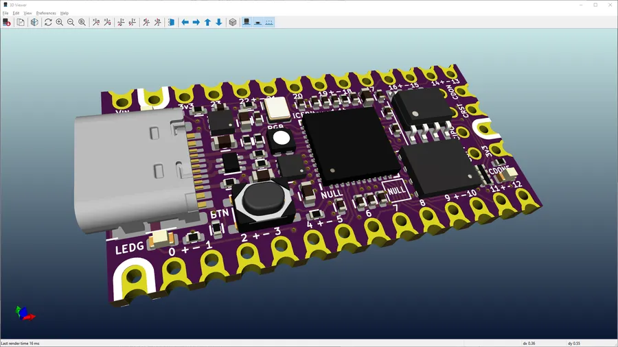 A screenshot of the KiCad PCB layout editor showing a board design.