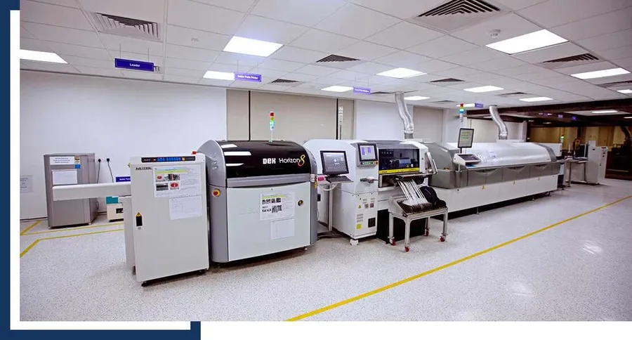 An SMT assembly line in operation.