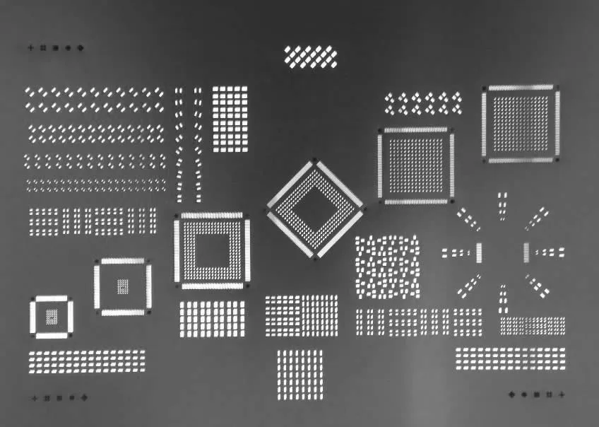 A metal SMT stencil used for applying solder paste.