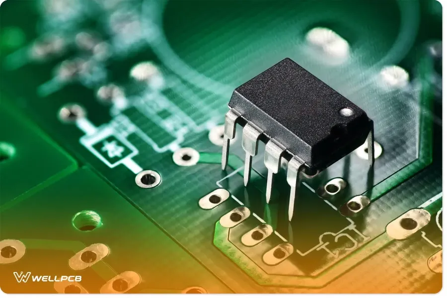 A printed circuit board with through-hole components soldered in place.