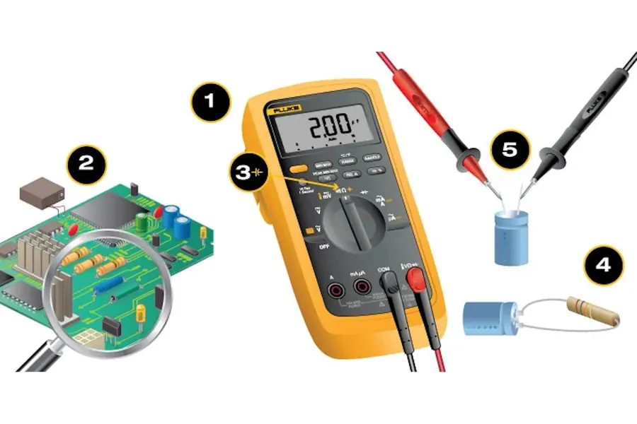 A person using a multimeter to test a capacitor on a TV circuit board.