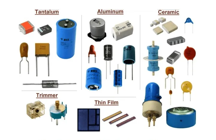 A collection of various capacitor types and sizes.