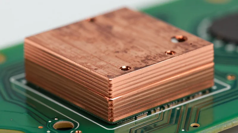 Cross section of a heavy copper printed circuit board showing thick copper layers