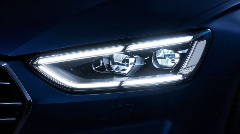 A modern futuristic automotive headlamp glowing intensely, showcasing high-density LED matrix technology in a cinematic night setting.