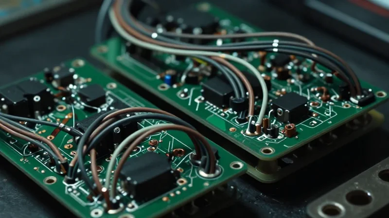 An illustration showing the mechanical vulnerability of traditional rigid circuit boards connected by external cables.