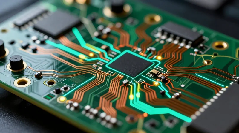 Close-up of a high-tech circuit board with signal wave interference patterns
