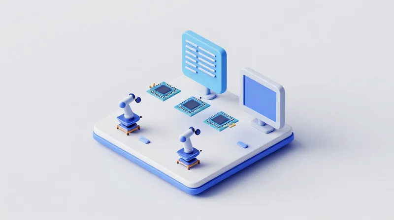 Isometric 3D view of a virtual testing platform for electronic components