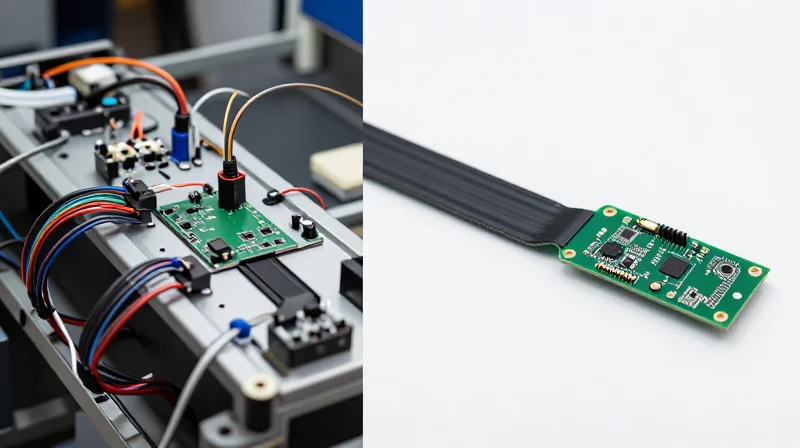 Reducing Mechanical Assembly Time A comparison showing a complex manual wiring harness versus a simplified flexible PCB assembly.