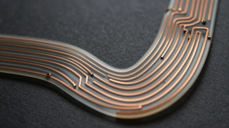 Curved flexible circuit board showing optimized trace routing