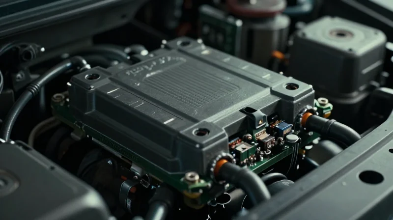A close-up of a damaged automotive electronic module in a dark, moody industrial environment.