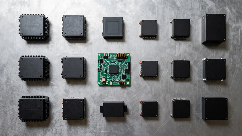 Top-down view of a complex automotive PCB surrounded by heat sinks and protective casing components.
