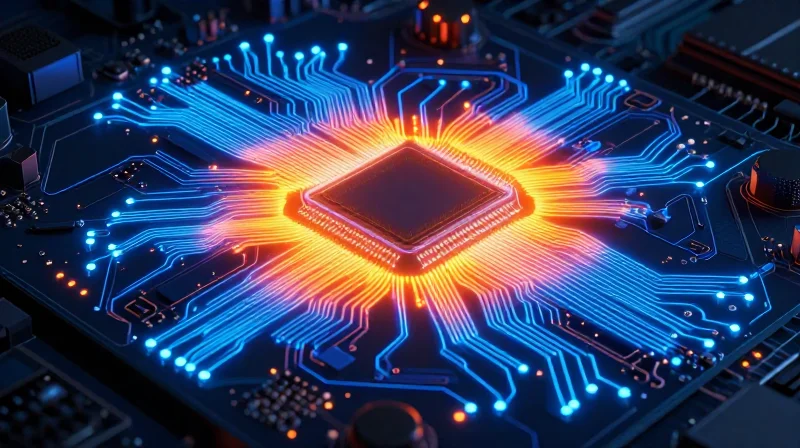 Abstract thermal map visualization showing heat distribution on a circuit board.