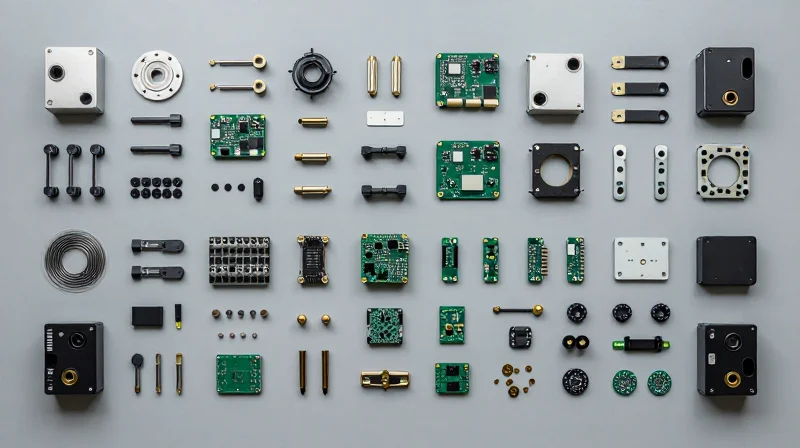 Top-down view of organized industrial assembly components on a workstation