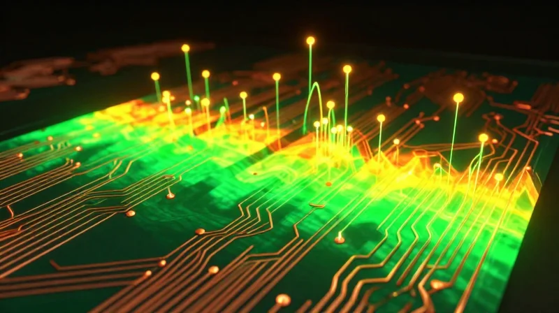 Abstract representation of copper traces and heat distribution on a circuit board surface.