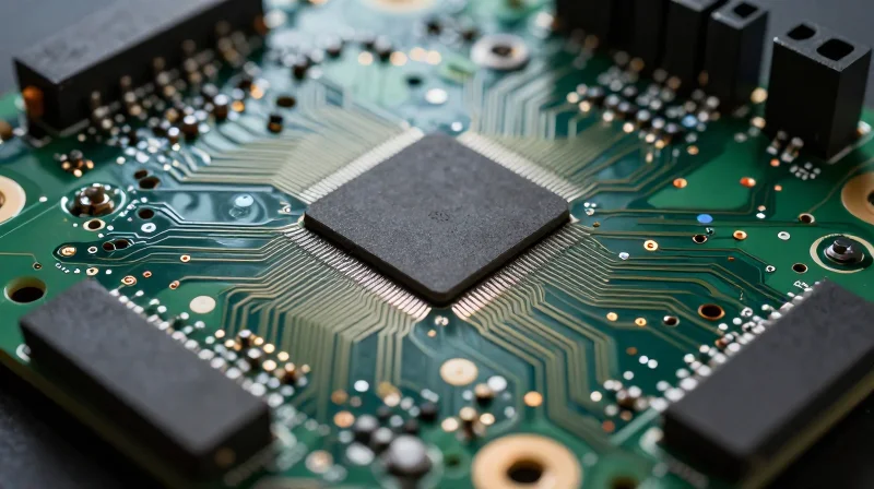 Close-up of a high-tech, unified large-format circuit board with intricate micro-vias and dense gold-plated routing lines.