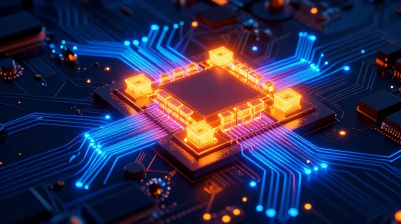 3D visualization of a large PCB showing heat dissipation patterns with cool blue and warm orange thermal gradients.